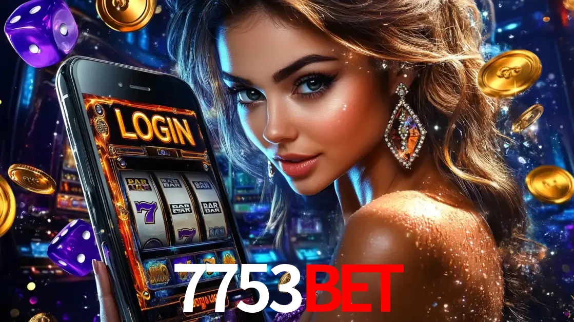 Mulher glamorosa segurando um smartphone com a tela de login para os jogos de caça-níqueis do cassino online 7753bet, com moedas de ouro e dados ao redor.